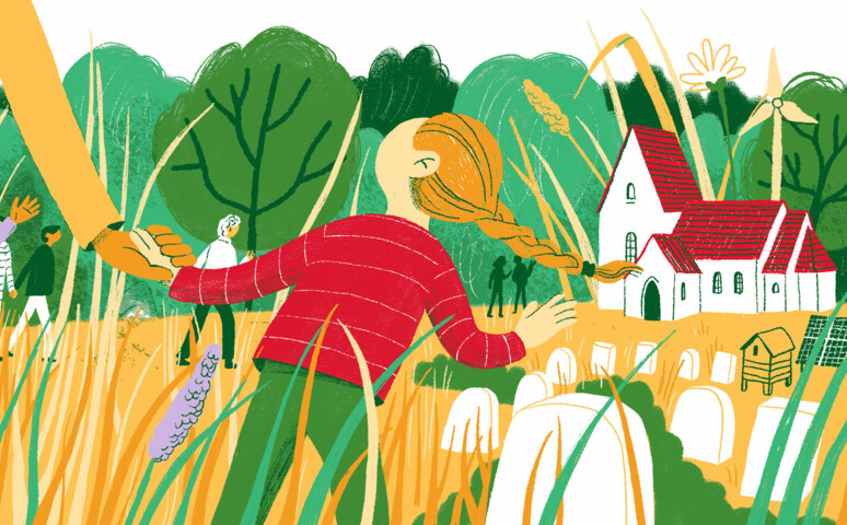 Illustration af en pige med fletning, der holder en voksen i hånden, mens hun ser mod en hvid kirke med rødt tag omgivet af natur.