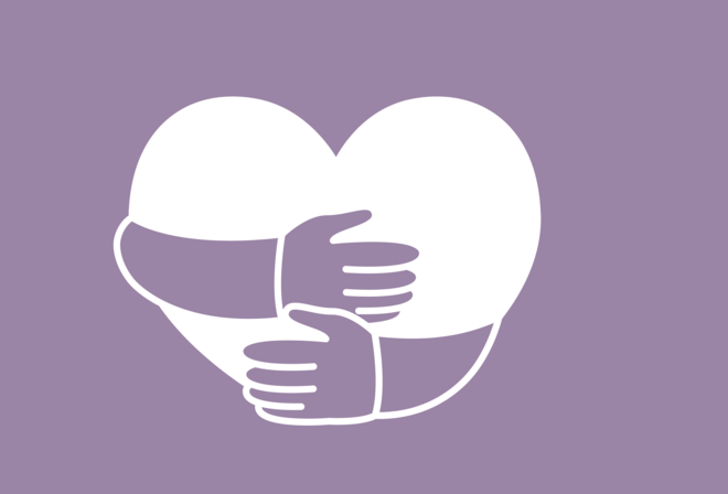 To arme omfavner et hvidt hjerte på en lyselilla baggrund.