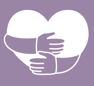 To arme omfavner et hvidt hjerte på en lyselilla baggrund.