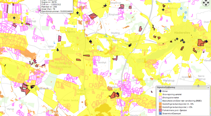 Udsnit fra folkekirkens kort over kirkens jorde