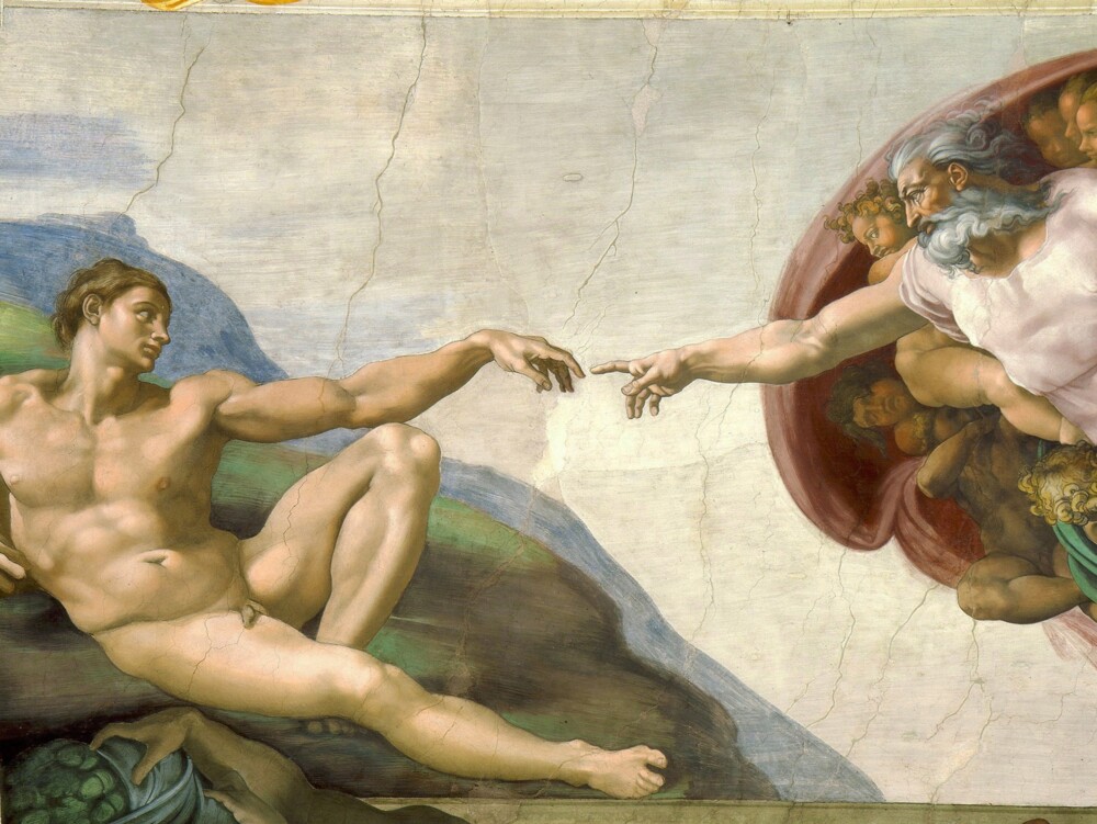 Adam og Gud strækker hænder mod hinanden i Michelangelos loftsmaleri Skabelsen i det Sixtinske Kapel i Rom
