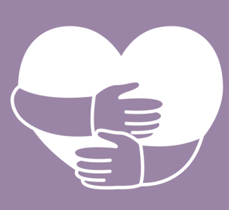 To arme omfavner et hvidt hjerte på en lyselilla baggrund.