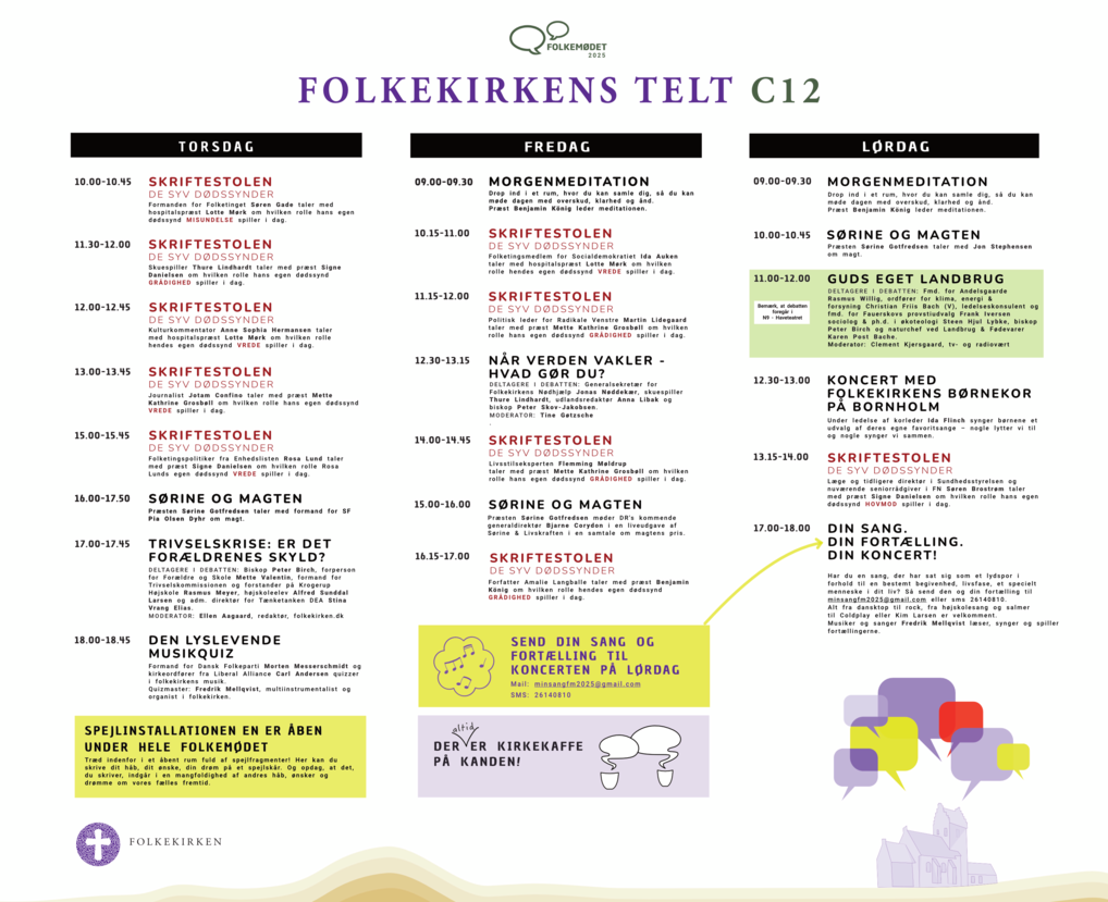 Program for folkekirkens telt på Folkemødet på Bornholm 2025