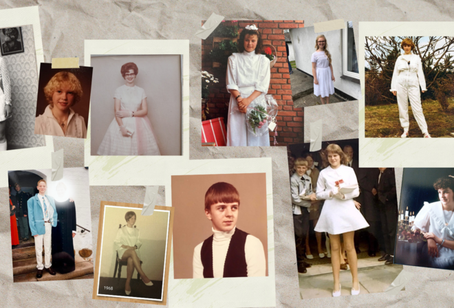 En kollage af billeder af konfirmander gennem forskellige tidsperioder.